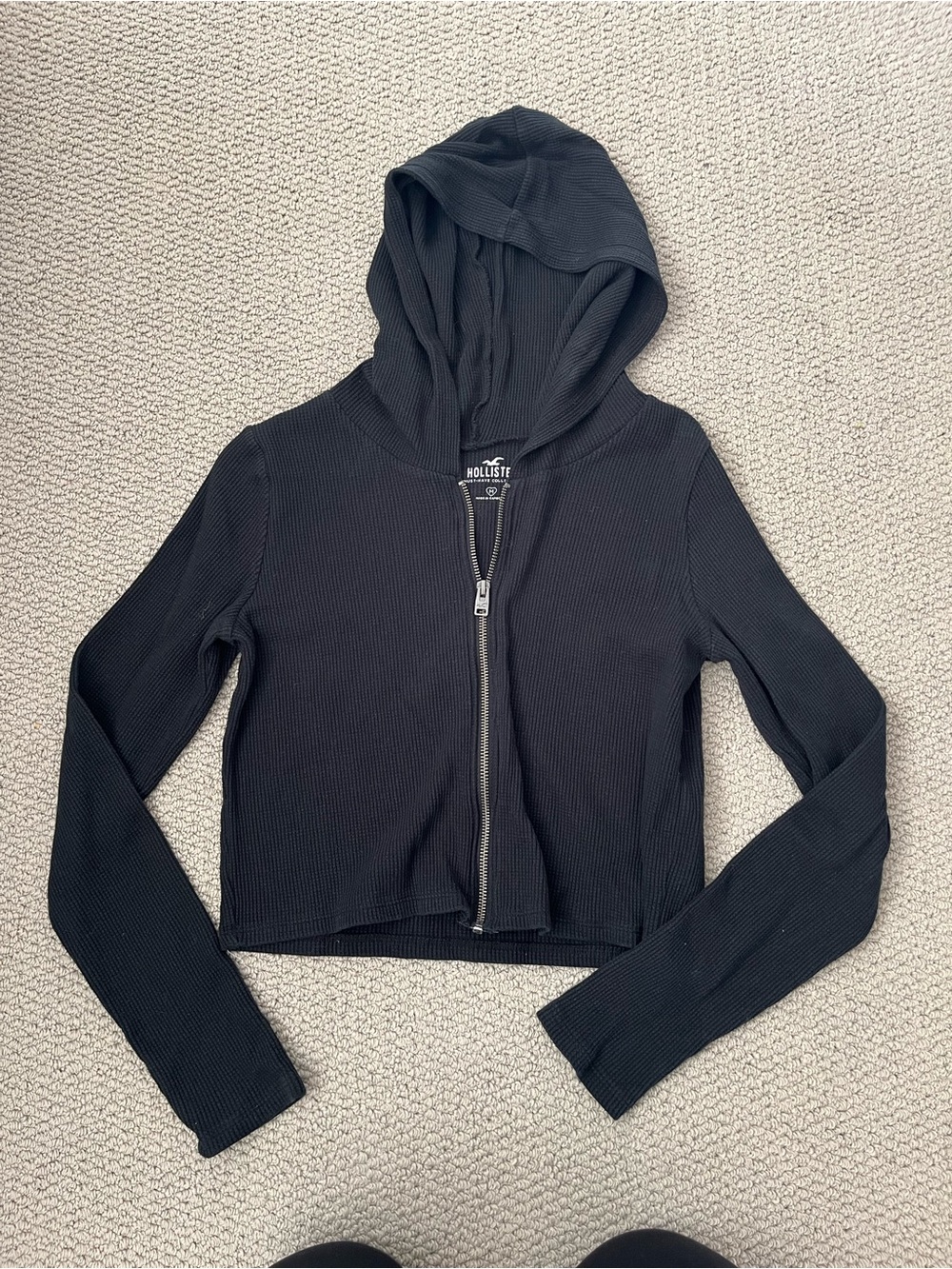 Hollister Black Zip-Front Hooded Long-Sleeve Top